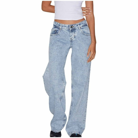VKOYWKM Wide Leg Jeans for Women with Pockets Button Mid Waisted Denim Pants Boyfriend Baggy Jeans Distressed Jeans Loose Casual Streetwear Jeans
