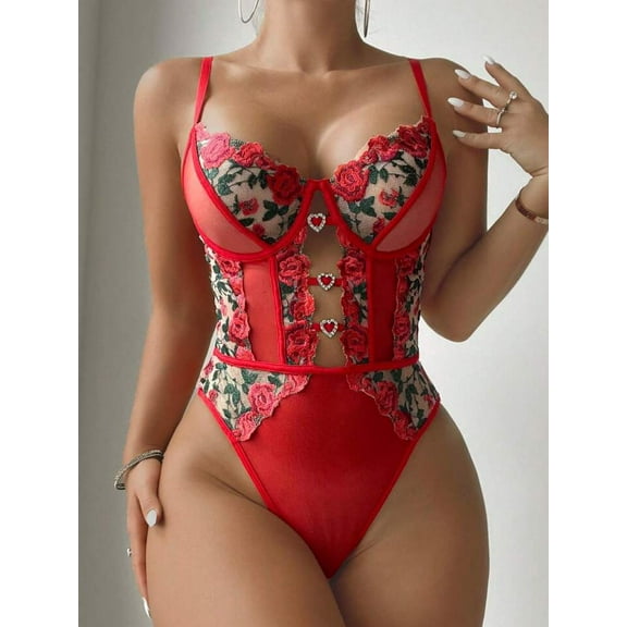 Red Lace Bodysuit Lingerie Rose Embroidered