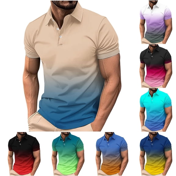 Afdoent Mens Polo Shirts Lapel Short Sleeve Shirt Gradient Print Dressy Casual Business Work Shirt Summer Tops Fashion Mens Shirts