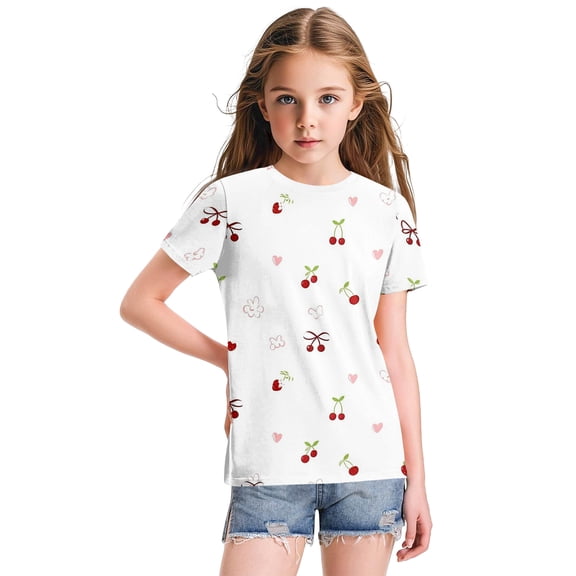 Abcomgle Cute Tops for Girls 10-12 Crewneck Cherry Print Tshirts Toddler Summer Short Sleeve Girls Shirts Casual Cotton Tops,White,7-8Years