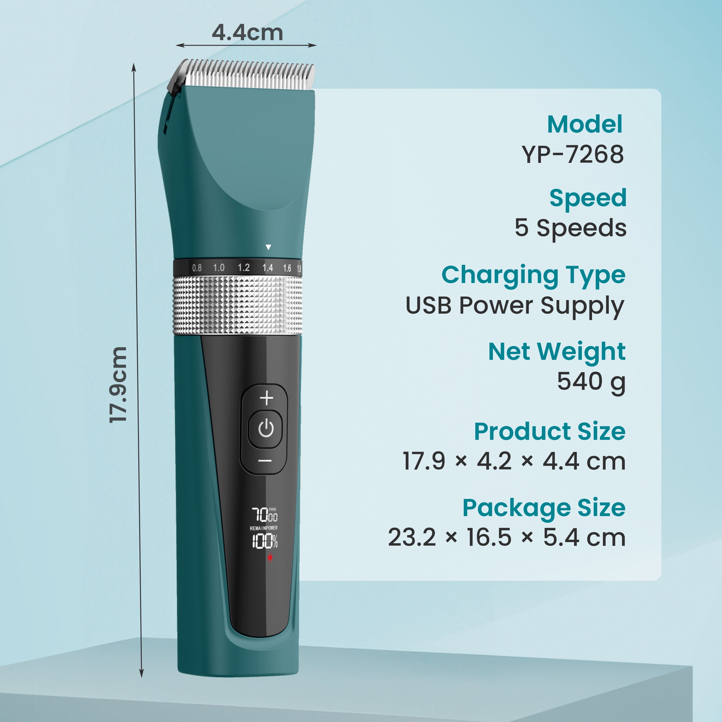 Oneisall YP-7268 5-Speed Cat Grooming Clippers, Cordless Low Noise Cat Clippers for Grooming, Rechargeable IPX6 Waterproof Cat Grooming Kit with 4 Guide Combs, Pet Hair Clipper Trimmer for Dogs Cats