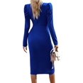 thumbnail image 3 of Dress for Women Round Neck Solid Color Side Split Bodycon Cocktail Long Sleeve Party Midi Dress Blue S, 3 of 7