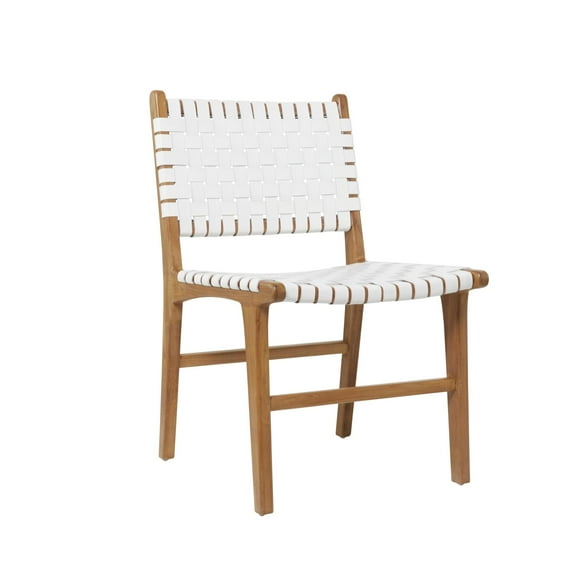 DecMode Leather Handmade Woven Dining Chair with Teak Wood Frame, White
