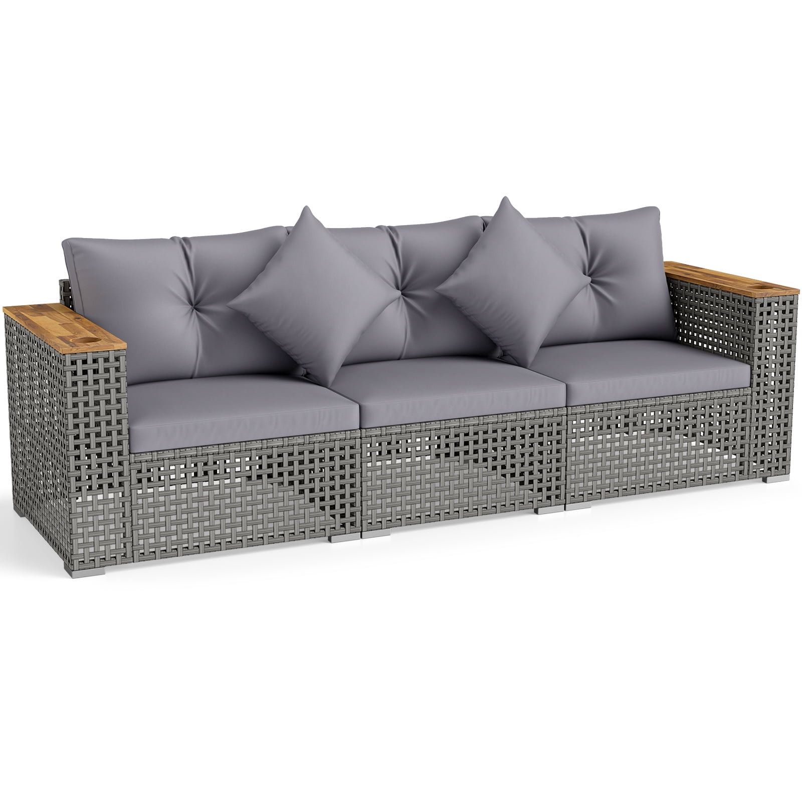 Costway Patio Wicker Sectional Furniture Set, 3 Piece Outdoor Couch Set for Garden Gray