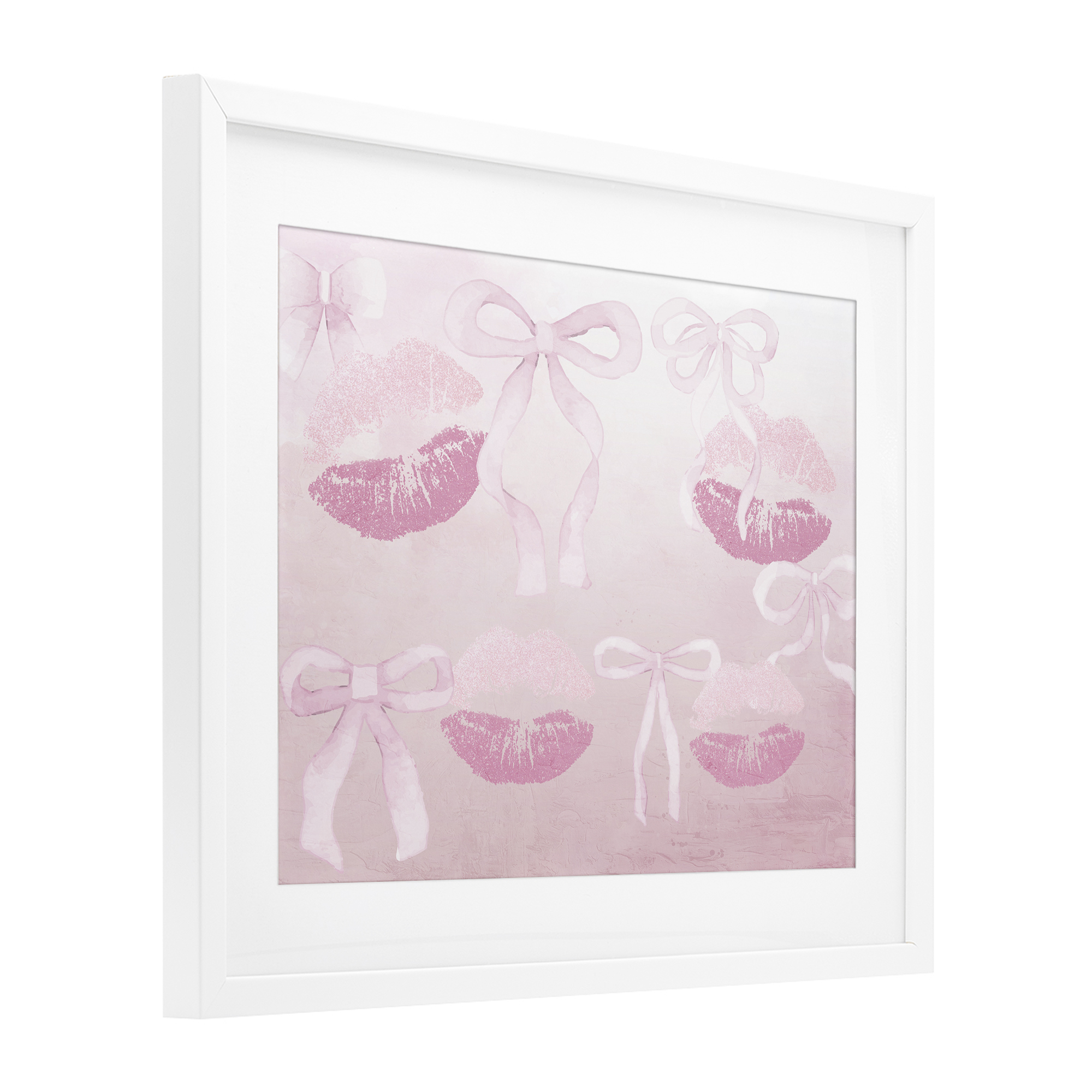 Dreamy Bows & Lips White Framed Print Under Glass, design by Kim Allen
