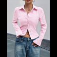 thumbnail image 4 of Camisa Corta A Rayas con Botones para Mujer, Blusa Ajustada de Larga, Camisa de Trabajo Rosa L, 4 of 9