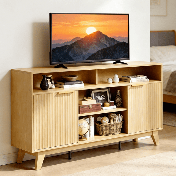 UBesGoo 58" Modern TV Stand with 2 Fluted Doors – Walnut Entertainment Center with Open Shelves, Fits TVs up to 65", Wood Media Console for Living Room