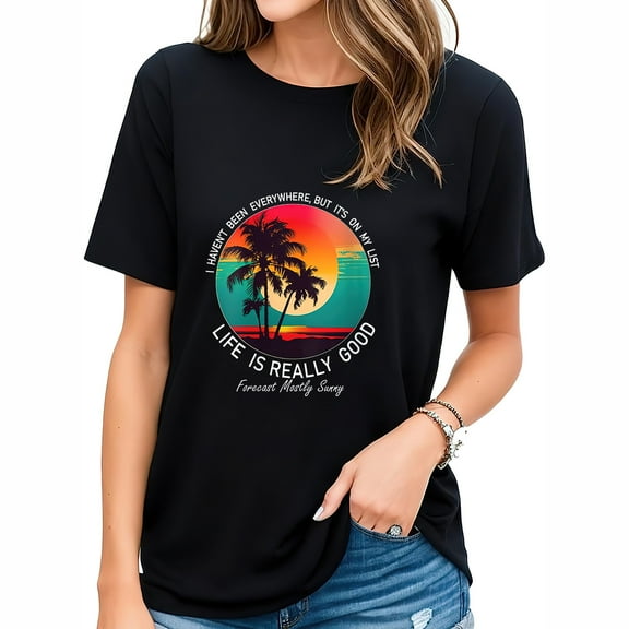 Womens Life Is Really Good Hawaiian Vintage 80s Palm Trees Sunset T-Shirt
