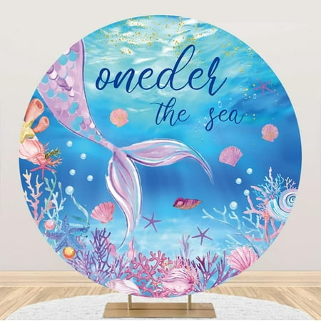 Image of Laeacco 6.5x6.5ft Oneder The Sea Mermaid 1st Birthday Round Backdrop for Girls Underwater Mermaid Tale Scales Sea Gr