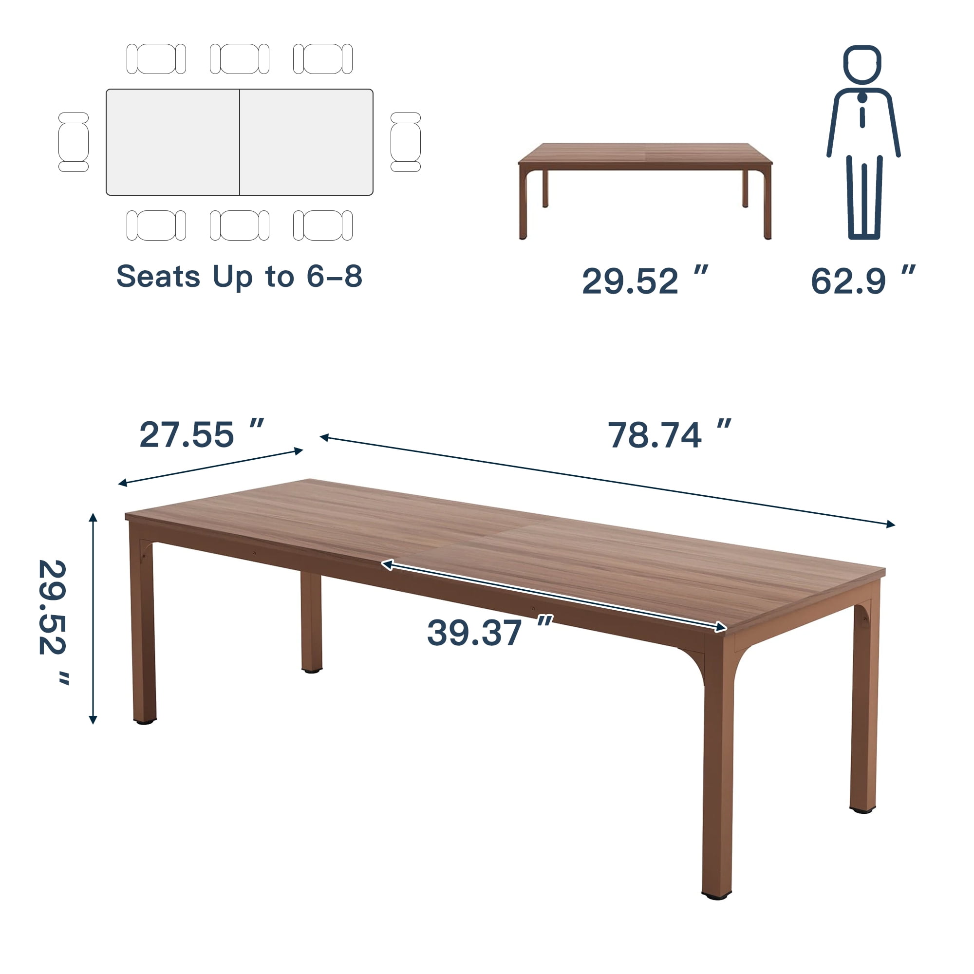 Demi Bonn 78" Farmhouse Dining Table, Wood Rustic Kitchen Table for 8 People, Large Rectangular Dinner Table for Dining Room, Home Office, Living Room Furniture, Brown