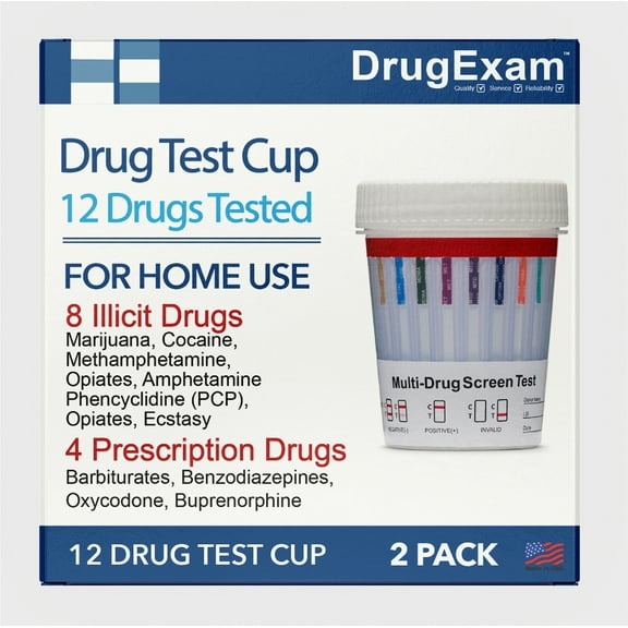 2 Pack - DrugExam 12 Panel Drug Test Cup with Marijuana and BUP - Testing Instantly for 12 Different Drugs THC, AMP, BUP, BZO, COC, MDMA, MET, MTD, OPI, OXY, PCP, THC.