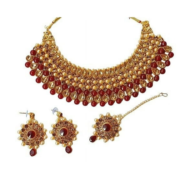 Traditional & Ethnic Gold Plated Kundan Studded with Beaded Pearls Rani Haar Choker Necklace Jewellery Set with Maang Tikka and Earrings (BJ