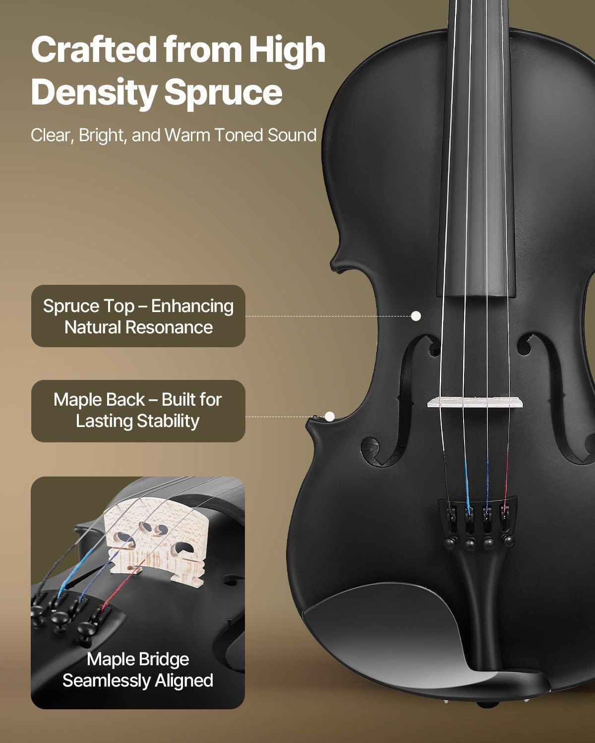 Violin 4/4 Size Fiddle Set Solidwood for Beginners with Case Rosin Black