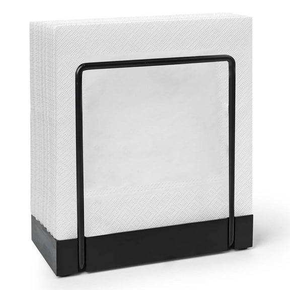 Napkin Holder for Table, Rustic Farmhouse Kitchen & Dining Room Decor, Iron Frame with Wooden Base, Paper Towel Holder, Black