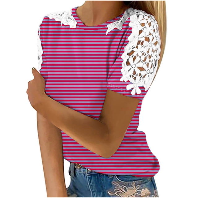 Camisas de Manga Corta para las Mujeres Impresión Cuello Redondo Suéter Encaje Camisa, Blusa de Verano Casual para las Mujeres