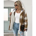 thumbnail image 5 of ChicMe Jackets for Women Plaid Print Hooded Long Sleeve Shacket Fleece Lined Lightweight Casual Jacket Khaki-XL, 5 of 9