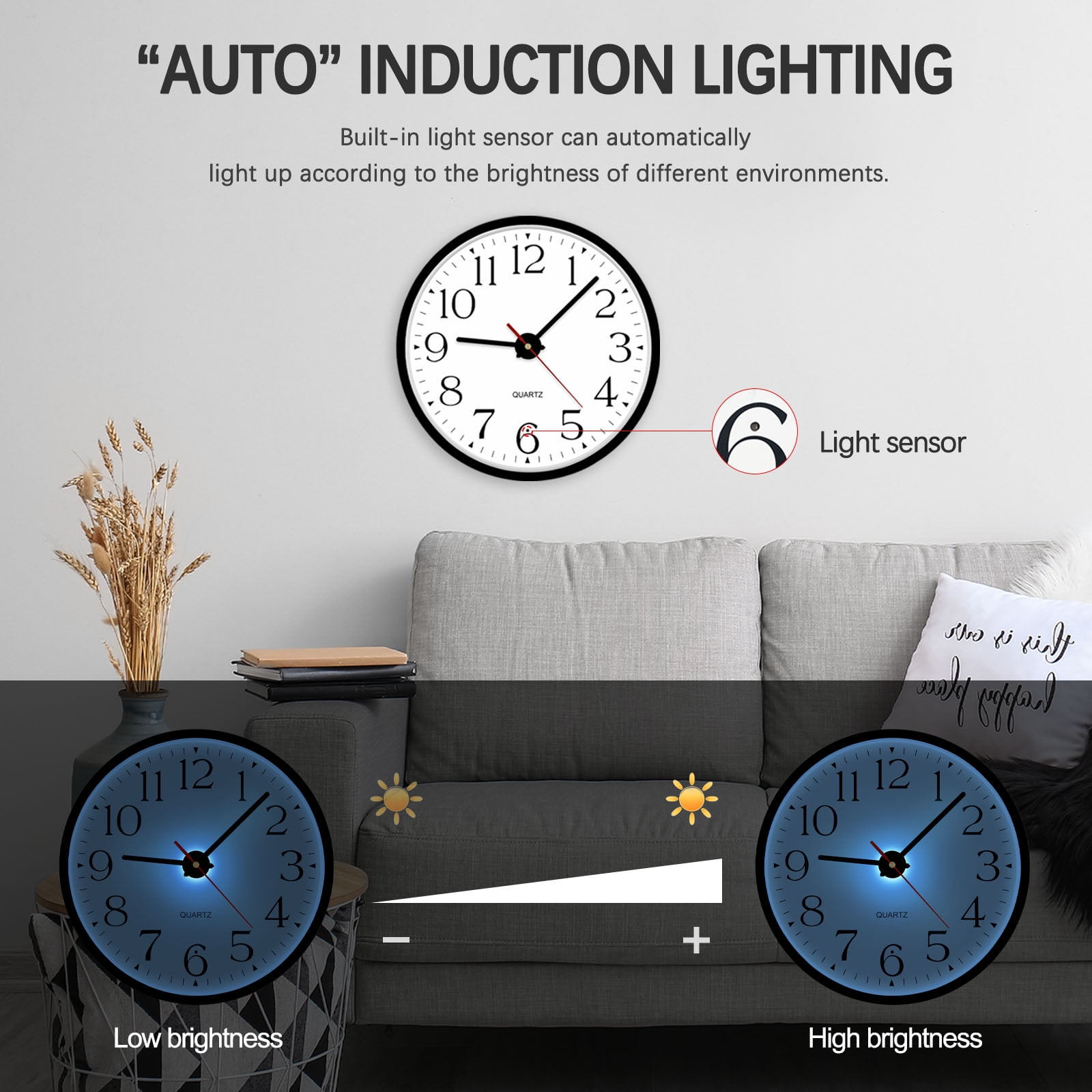 JoFomp Night Light Wall Clocks Battery Operated, 12 Inch Silent LED Light Up Wall Clocks for Living Room Decor, Modern Wall Clock for Bedroom Night Glow, Illuminated Clock with Auto-Dimming/USB Cable