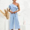 thumbnail image 3 of Gibobby Mono Ajustado de Verano Mujer Verano Casual Hombro inclinado Manga corta Volantes Cintura alta Pantalones largos Monos de pierna ancha Mamelucos(Aqua， M), 3 of 5
