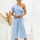 thumbnail image 3 of Gibobby Mono Ajustado de Verano Mujer Verano Casual Hombro inclinado Manga corta Volantes Cintura alta Pantalones largos Monos de pierna ancha Mamelucos(Aqua， L), 3 of 5
