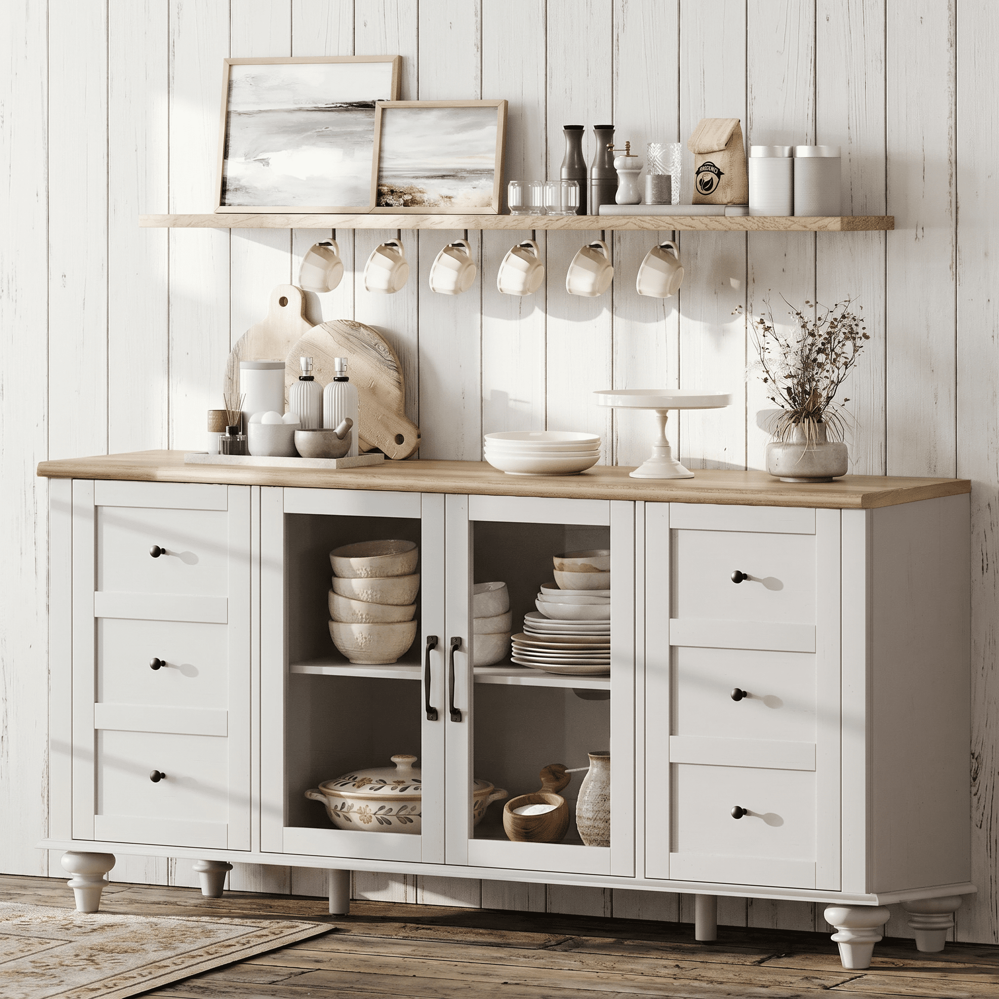 Sideboard with Glass Door, Farmhouse Buffet Cabinet with Storage Shelf for Kitchen Dining Room, Off White