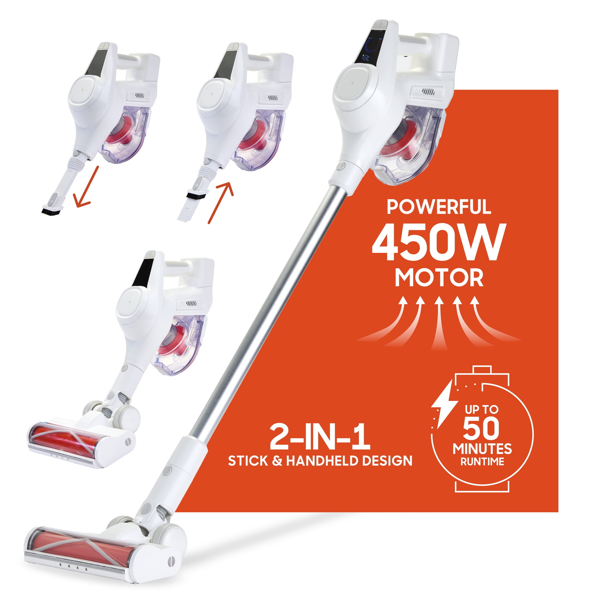 Sharper Image Cordless Vacuum Ultra Stick & Handheld Combo – 450W Motor with Anti-Tangle Floor Brush, 3 Speeds, and LED Lighting