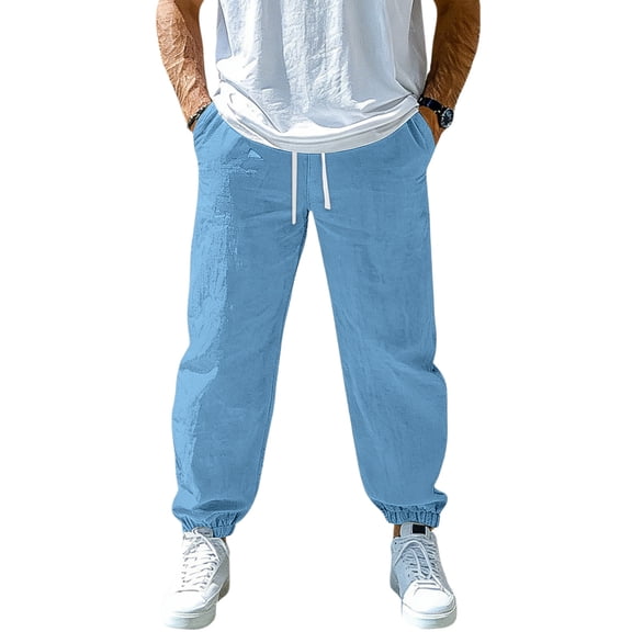 Mens Linen Casual Dress Pants Elastic Waist Drawstring Wide Leg Pants with Pockets Cotton Linen Long Pants Summer Beach Vacation Yoga Lightweight Lounge Pants,Blue L