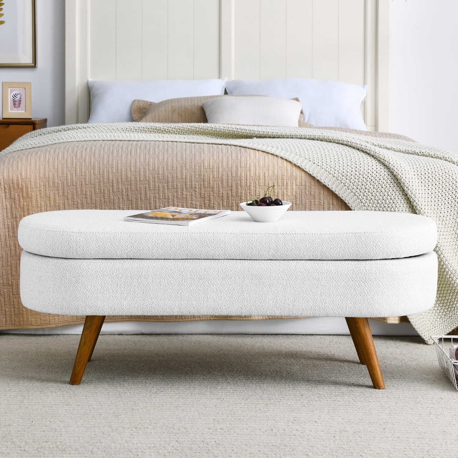 44" Oval Storage Ottoman Bench with Hidden Storage, Upholstered Fabric Ottoman Bench with Rubber Wood Legs for Bedroom, Entryway, Living Room, White