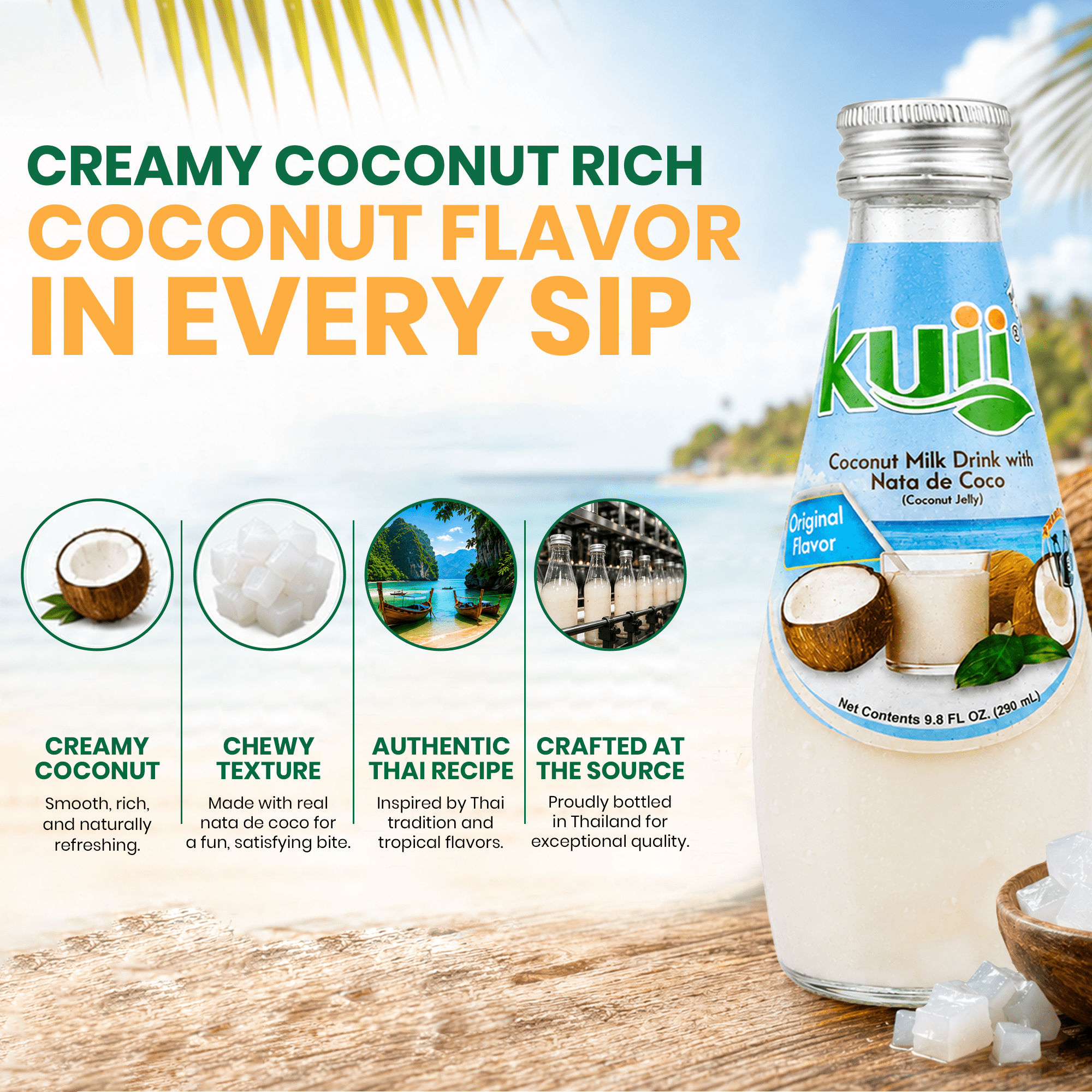 (4 pack) Kuii Drinks Coconut Milk with Nata de Coco, Original, 290 mL Single Glass Bottle