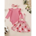 thumbnail image 4 of Aojekbee Baby Girl Fall Outfits Solid Color Long Sleeve Romper Floral/Strawberry Print Suspender Skirt Headband 3Pcs Clothes Set, 4 of 9