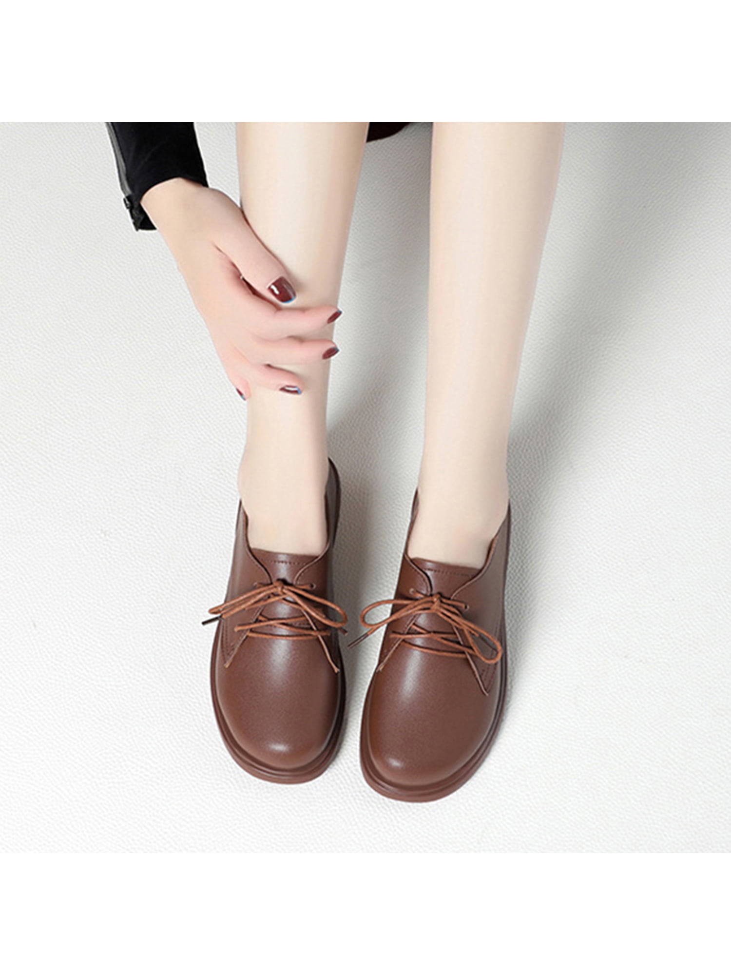  Women's Dress Oxford Shoes Fashion Pointed Toe Work Shoes  Comfortable Block Low Heels Classic Lace Up Brogue Shoes Brown