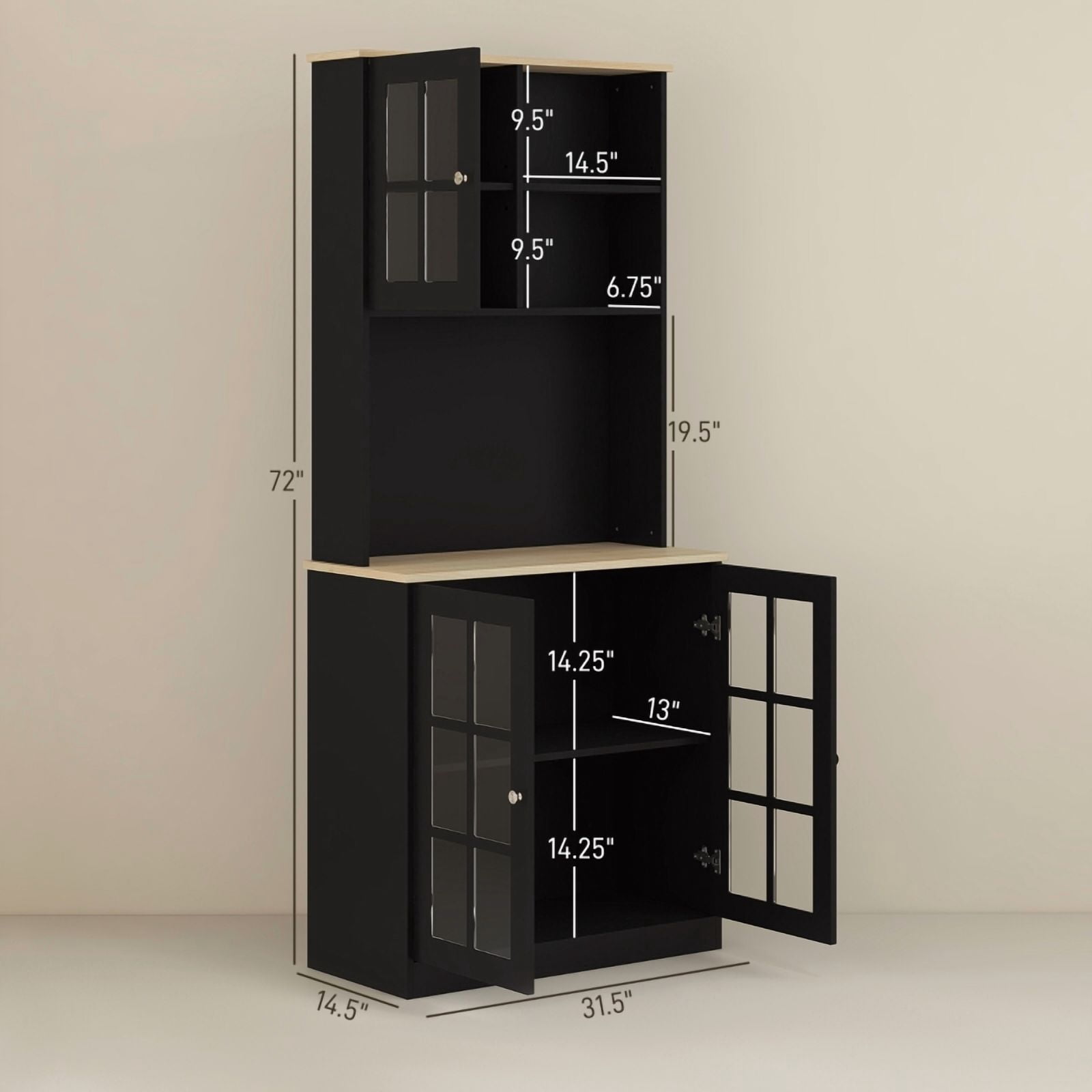 Alvantor Kitchen Pantry Storage Cabinet with Glass Doors, Hutch Countertop & Adjustable Shelves 31.5"x 14.5"x 72" Black
