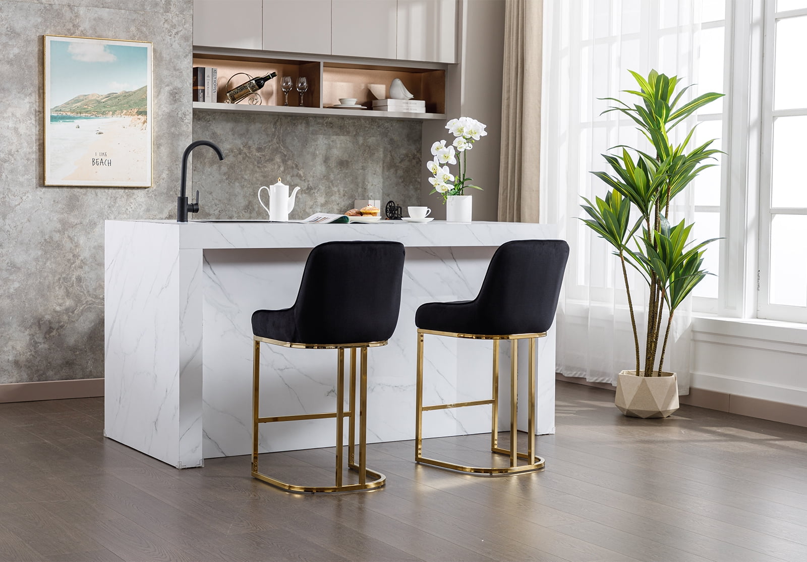 Dayalane Counter Height Bar Stools Set of 2, Velvet Upholstered Kitchen Barstools with Back and Gold Base, 26 " Modern Elegant Island Chairs for Restaurant Bar Dining Room, Black