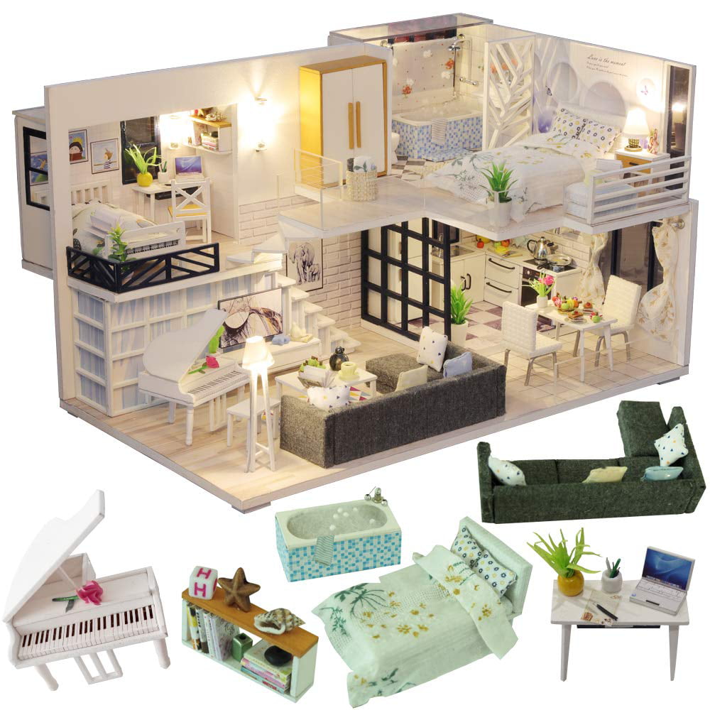 Dollhouse Miniature with Furnitur DIY DollHouse Kit Plus Dust Proof & Lights