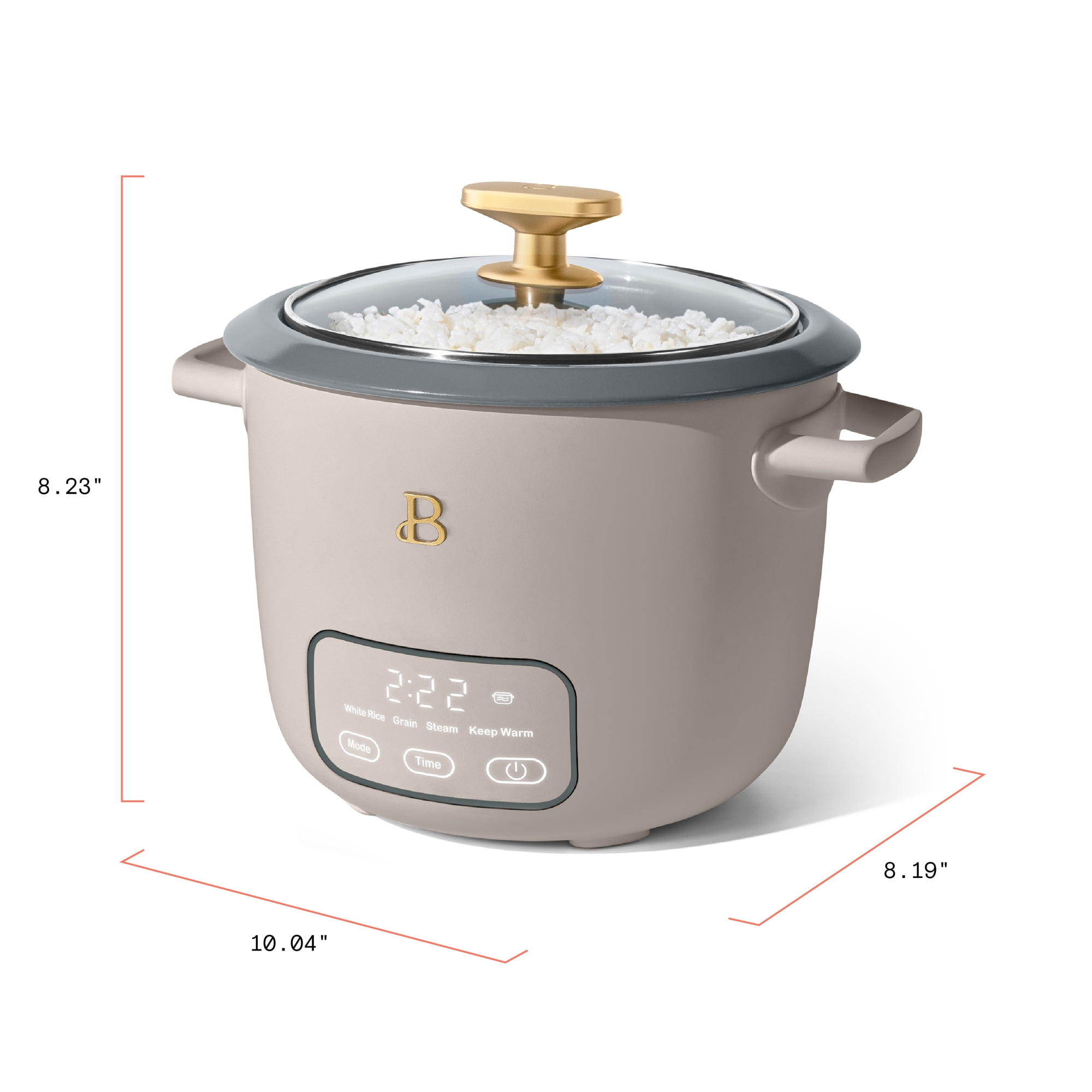 Beautiful 6-Cup Cooked, 3-Cup Uncooked Digital Electric Rice and Grain Cooker with Glass Lid, Porcini Taupe by Drew Barrymore