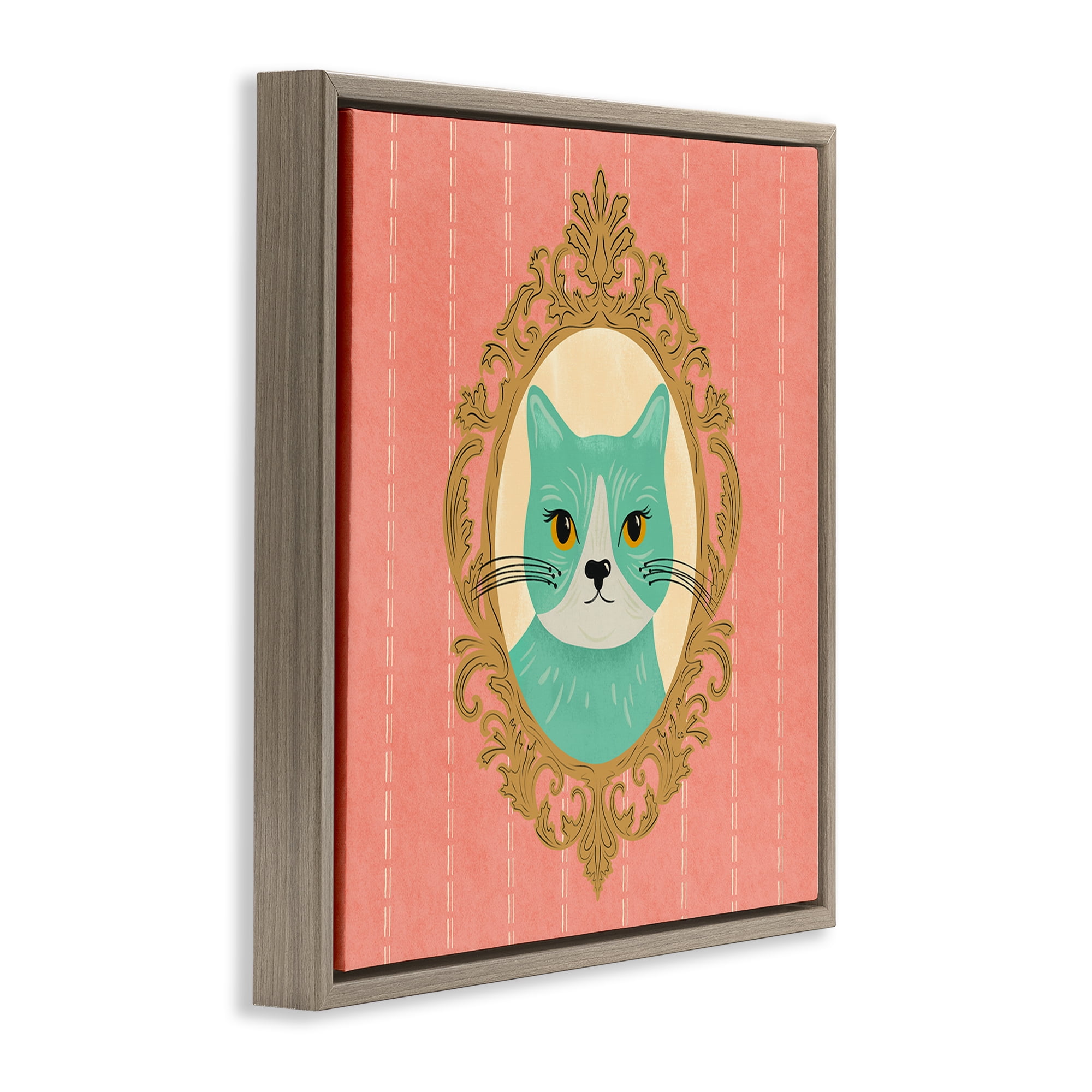 Stupell Industries Green Cat Portrait Animals Painting Brown Floater Framed Canvas Art Print Wall Art, 18 x 18