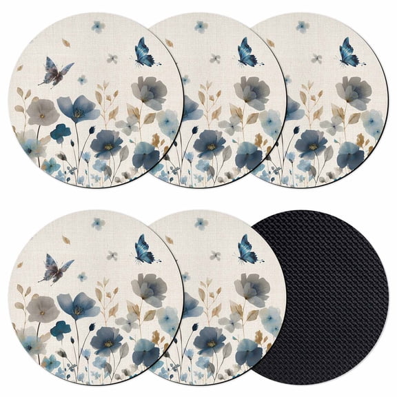 Blue Floral Coasters Set of 6, Absorbent Coasters for Drinks, Spring Watercolor Flowers Butterflies Beige Coaster for Desk Coffee Table Protection, Home Decor House Warming Gifts 4"