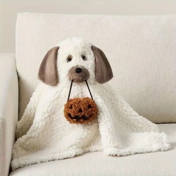 A puppy holding a pumpkin pillow, suitable for Halloween decoration, sofa decoration, bedroom decoration, home decoration, pillow, Halloween gift