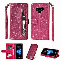 Allytech Galaxy Note 9 Case 2018 Released, Premium PU Leather Glitter Zipper Shockproof Cards Slots Wallet Cover with Hand Strap Drop Protective Stand Case for Samsung Galaxy Note 9, Rose