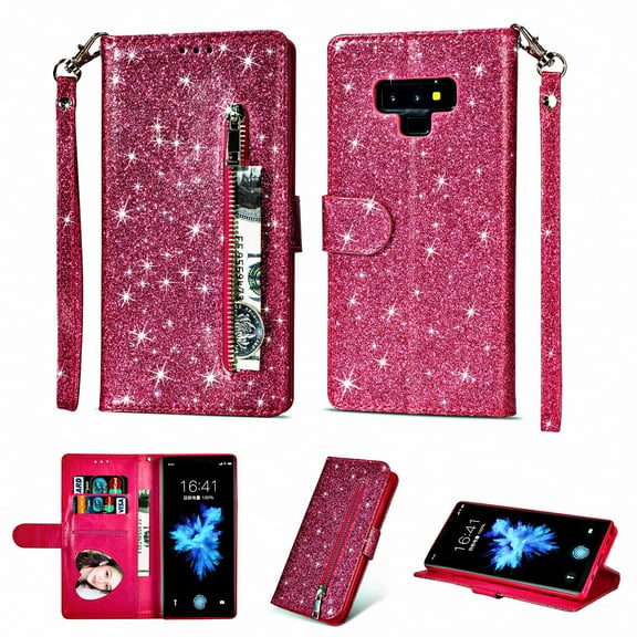 Allytech Galaxy Note 9 Case 2018 Released, Premium PU Leather Glitter Zipper Shockproof Cards Slots Wallet Cover with Hand Strap Drop Protective Stand Case for Samsung Galaxy Note 9, Rose