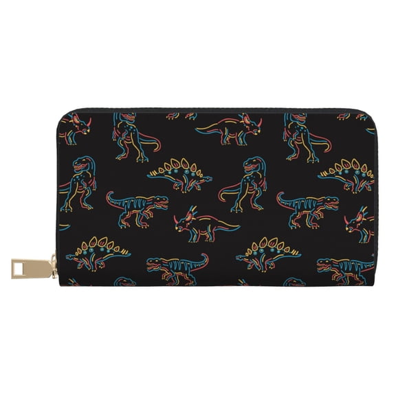 Leather Thin Slim Wallets for Women Men - Neon dinosaur Clutch Card Wallet for Women Men with Zipper