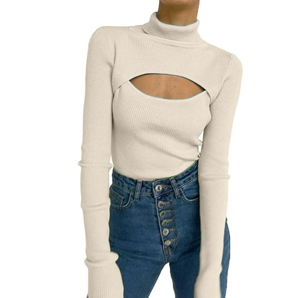 WEAIXIMIUNG T-Shirts Graphiques Amusants pour Femmes Y 2 K Sexy Unis Hauts Col Roulé Manches Longues T-Shirts Blouse