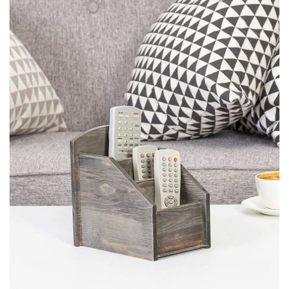 MyGift Tabletop Rustic Dark Gray Wood 3-Slot Remote Control Storage Caddy