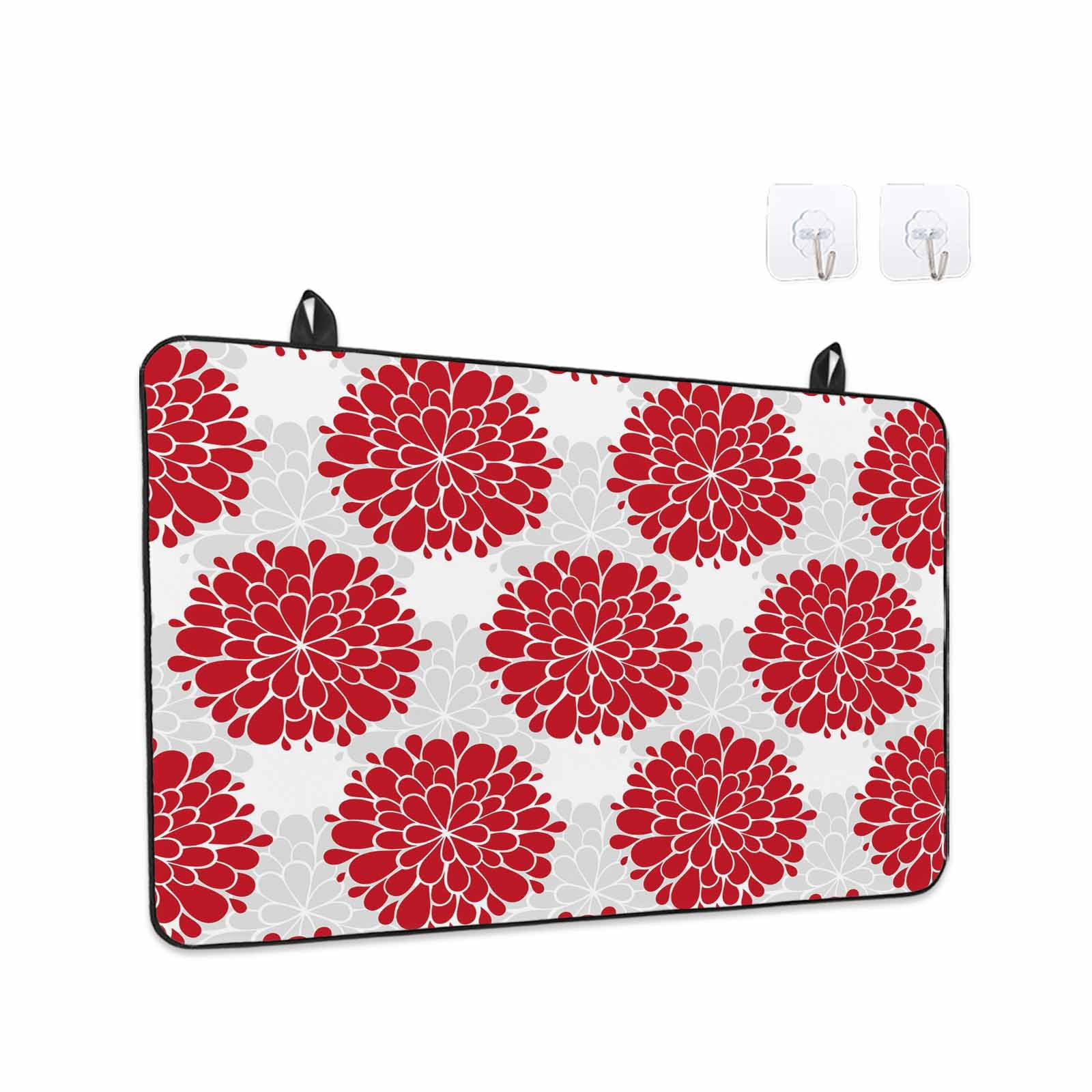 Red Dahlia Stove Top Cover for Electric Stove, Heat-proof & Non Slip Glass Top Stove Cover Protector, Vintage Country Grey Abstract Flowers Floral Kitchen Flat Cooktop Rubber Mat 36x21 Inches