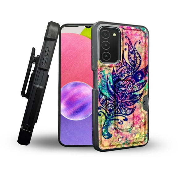 ANJ  Rugged Shockproof Holster Case Card Slot Kickstand   Tempered Glass Cover for Samsung Galaxy A03s - Tribal Dream Leaf