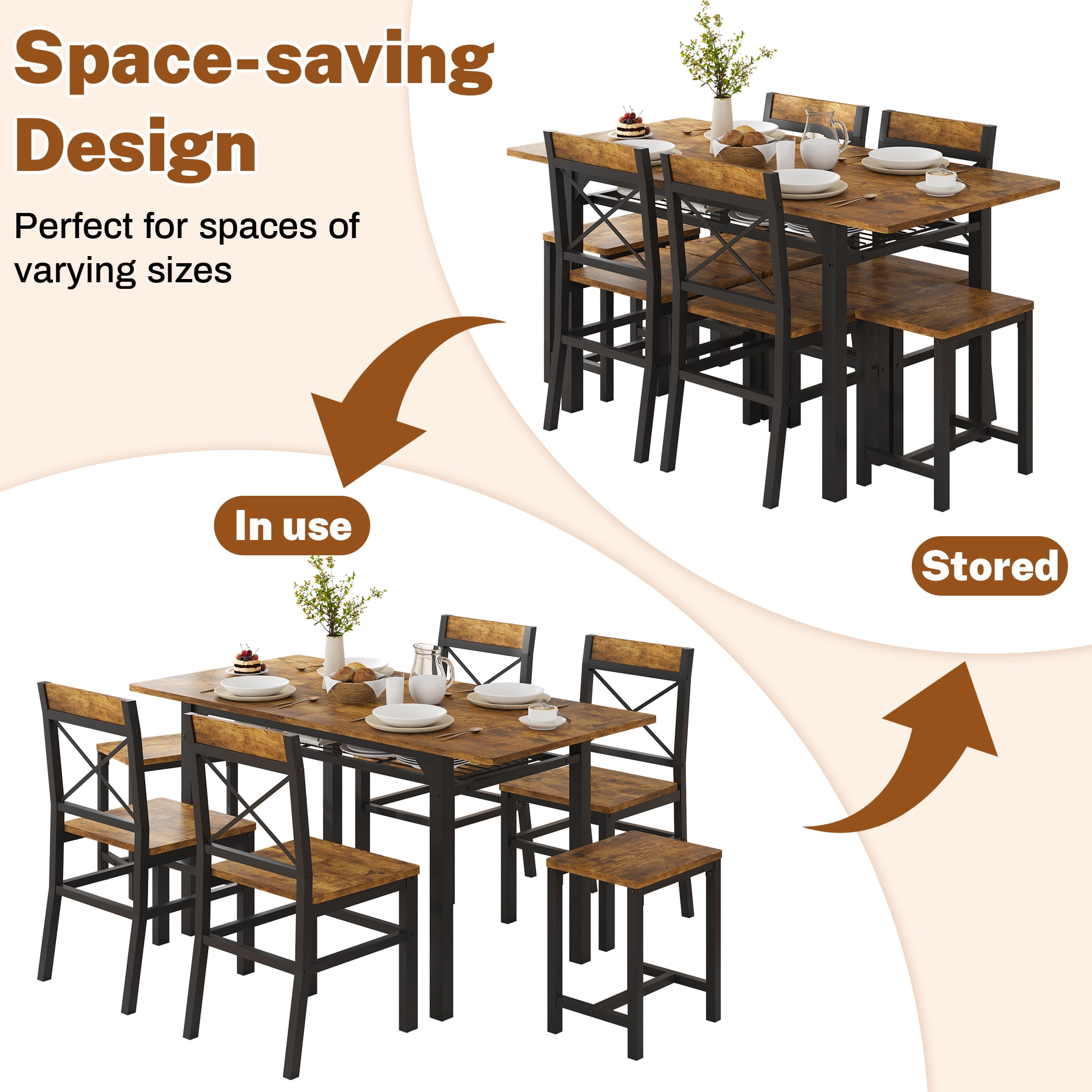 HOQBN Dining Table Set,Wooden Kitchen Table Set for 6,Farmhouse 7-Piece Dining Room Furniture for Small Space, Breakfast Nook, Apartment,Brown