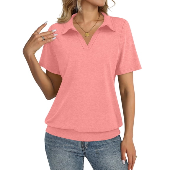 Garbnen Women's Polo Shirt Fitted Dressy Collared Short Sleeve Shirt Women V Neck Spring Summer Business Blouse for Women