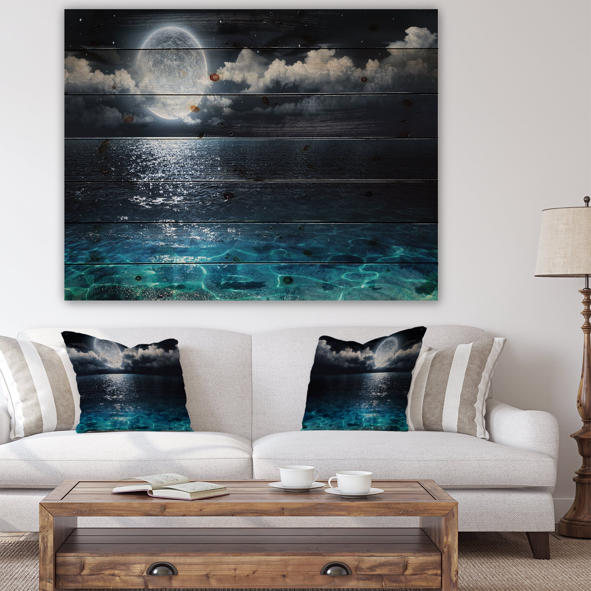 Designart 'Romantic Full Moon Over Sea' Seascape Print on Natural Pine Wood