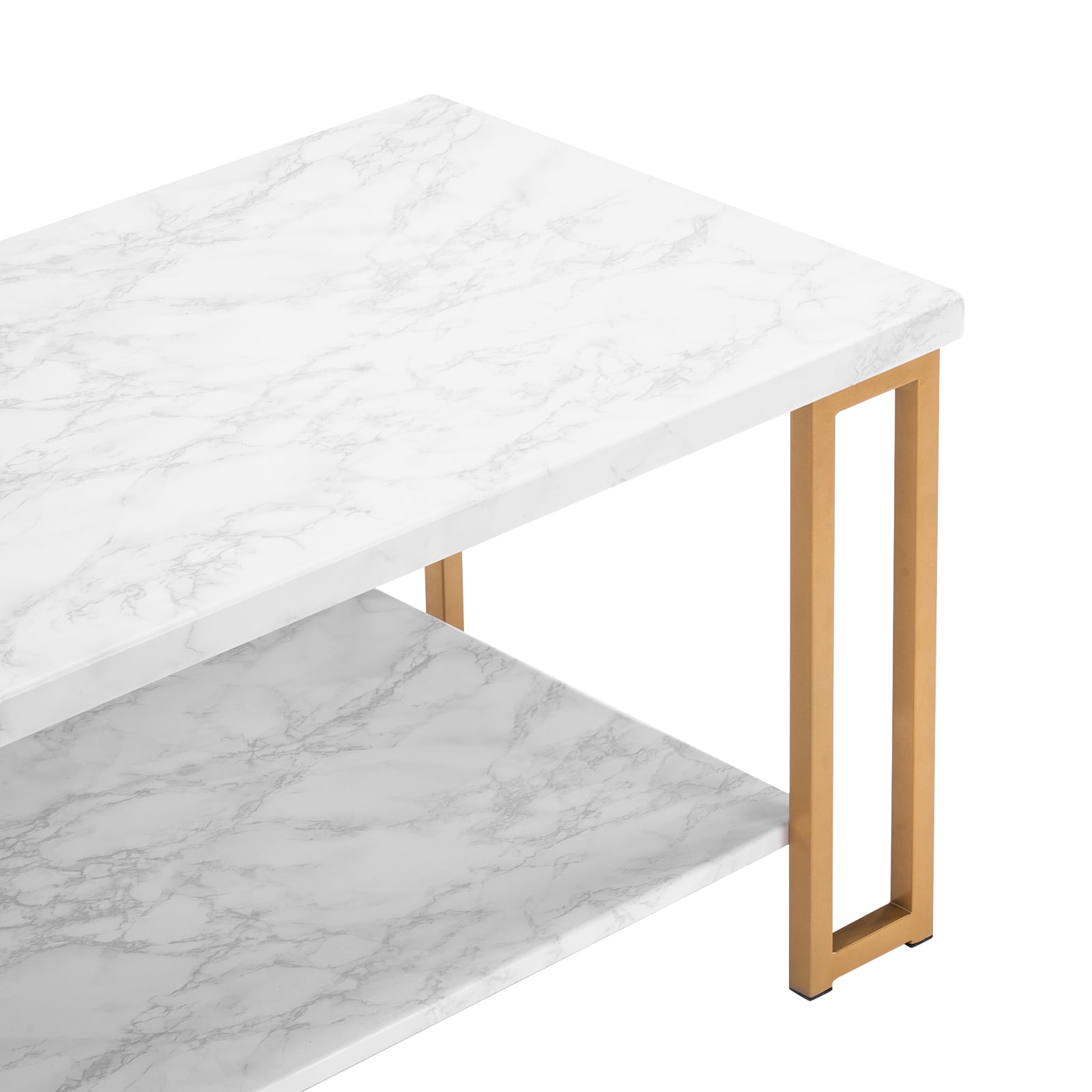 Double-Layer Coffee Table, Faux Marble PVC Tabletop with Metal Frame, Rectangular Side Table, 110 lbs Capacity for Living Room Home Decor