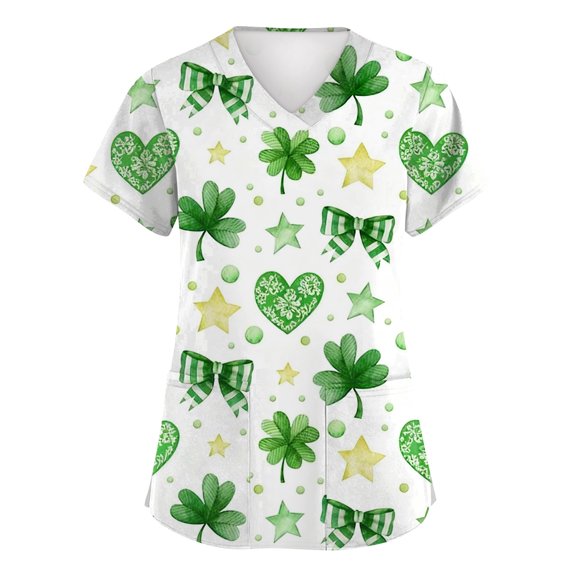 St Patricks Day Scrub Tops for Women Shamrock Short Sleeve Irish Scrubs Clover V Neck Green Holiday Uniform with Pockets Light Green 4XL
