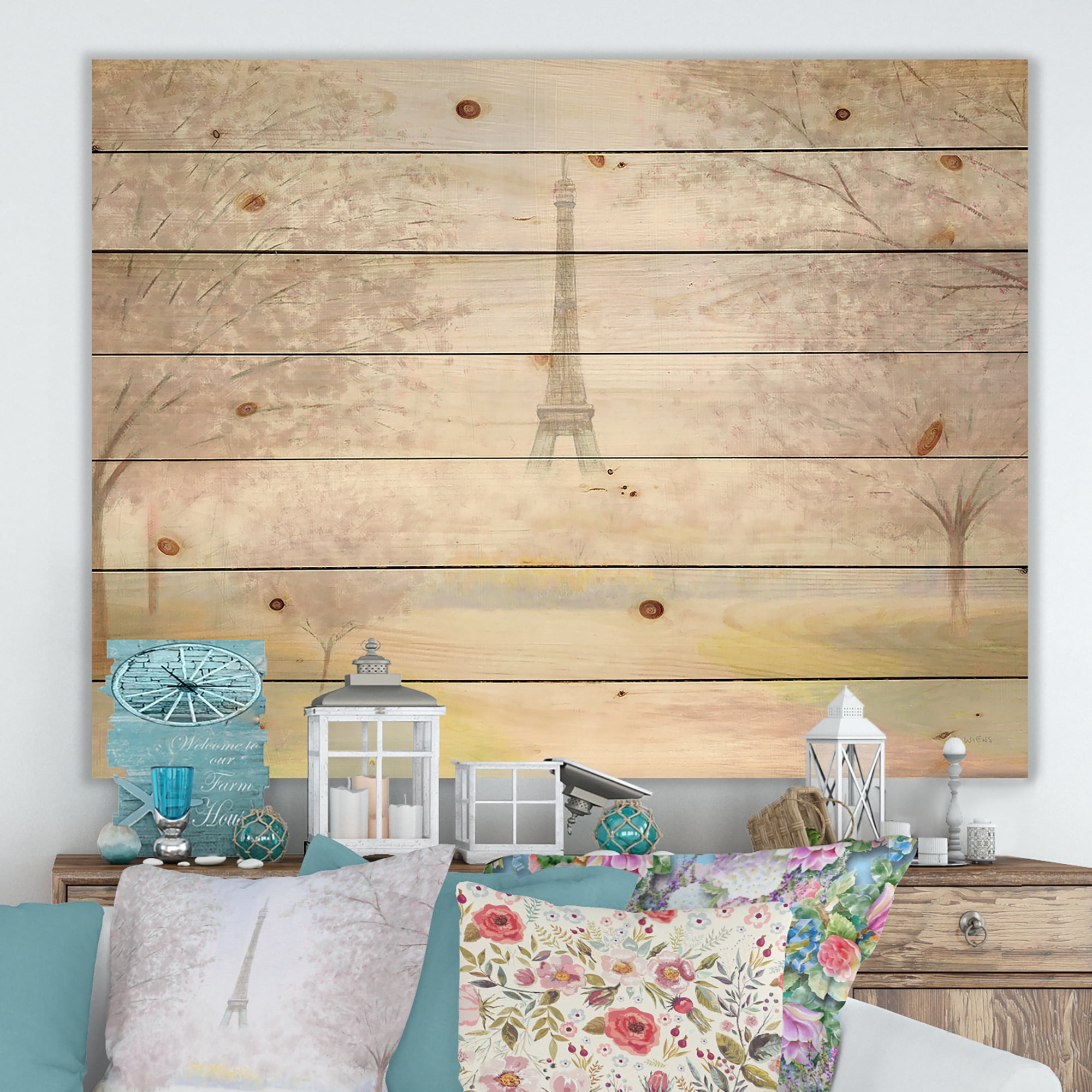 Designart 'Pretty Paris ' Landscape Print on Natural Pine Wood